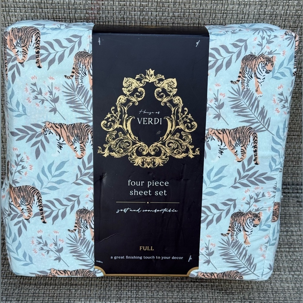 Verdi Tiger Jungle Safari Pattern Palm Trees Polyester FULL Sheet Set 4pc